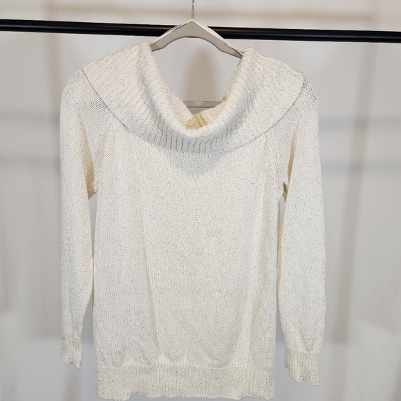 NWT MICHAEL KORS Off the Shoulder Sweater Color bone w/irradescant sequins LARGE - Picture 7 of 8